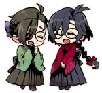  2boys :d ^_^ ahoge antenna_hair back_bow black_footwear black_hair black_hakama boots bow braid chibi closed_eyes constantine_xi_(fate) crossdressing earrings fate/grand_order fate_(series) full_body glasses gloves green_kimono hair_between_eyes hair_bow hair_over_one_eye hair_pulled_back hakama hakama_skirt hand_to_own_mouth highres japanese_clothes jewelry kimono long_hair male_focus meiji_schoolgirl_uniform multiple_boys outline patterned_clothing pink_outline purple_bow red_bow red_kimono simple_background single_braid single_glove skirt smile touma_rui v_arms white_background yamanami_keisuke_(fate) 