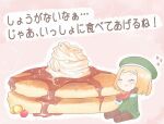  1boy apple blonde_hair brown_gloves chibi eating fate/grand_order fate_(series) food fruit full_body gloves hat heart luci_ole male_focus orange_(fruit) oversized_food pancake pancake_stack paul_bunyan_(fate) sitting solo sparkle translation_request watermelon watermelon_slice 