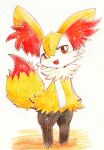  1girl absurdres animal_ear_fluff animal_ears animal_feet animal_hands animal_nose arms_at_sides black_fur body_fur braixen commentary_request fang flat_chest fox_ears fox_girl fox_tail full_body fur_collar furry furry_female happy highres kirin1204 looking_at_viewer multicolored_fur open_mouth partial_commentary pokemon pokemon_(creature) red_eyes simple_background smile snout solo standing tail tail_raised traditional_media white_background white_fur yellow_fur 