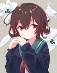  1girl black_cardigan blush brown_hair cardigan closed_mouth flower green_background hair_between_eyes kantai_collection long_sleeves mutsuki_(kancolle) mutsuki_kai_ni_(kancolle) neckerchief open_cardigan open_clothes red_eyes red_neckerchief sanninme_no_haru school_uniform serafuku short_hair simple_background smile solo upper_body white_flower 