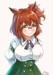  1girl animal_ears aozora_meguru aston_machan_(umamusume) bangs bespectacled blush breasts brown_background brown_hair closed_mouth collared_shirt commentary_request dress_shirt frilled_shirt_collar frills glasses green_eyes green_skirt hair_between_eyes hair_ornament hair_scrunchie highres horse_ears horse_girl medium_breasts one_side_up over-rim_eyewear red-framed_eyewear red_scrunchie scrunchie semi-rimless_eyewear shirt signature simple_background skirt smile solo strap_slip suspender_skirt suspenders umamusume white_shirt 