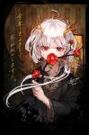  1girl artist_name aya_shiro423 black_kimono branch dated flower gold_trim highres holding holding_branch horns indoors japanese_clothes kimono looking_at_viewer nengajou new_year original red_eyes seigaiha solo upper_body white_hair 