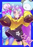  1girl aqua_hair black_shorts blue_border border character_hair_ornament commentary_request grin hair_ornament hands_up highres iono_(pokemon) jacket knees long_hair one_eye_closed pkpokopoko3 pokemon pokemon_(game) pokemon_sv purple_hair sharp_teeth shorts single_leg_pantyhose sleeves_past_fingers sleeves_past_wrists smile solo star_(symbol) teeth thigh_strap twintails violet_eyes yellow_jacket 