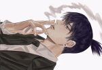  1boy black_hair black_necktie black_suit blue_eyes chainsaw_man cigarette collared_shirt ear_piercing formal from_side hair_between_eyes hayakawa_aki highres holding holding_cigarette looking_down male_focus ndsoda necktie parted_lips piercing shirt short_hair smoke smoking solo suit white_background white_shirt 