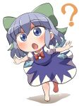  1girl ? barefoot blue_dress blue_eyes blue_hair blush bow cirno detached_wings dress fairy full_body green_bow hair_between_eyes hair_bow highres ice ice_wings open_mouth puffy_short_sleeves puffy_sleeves rokugou_daisuke shirt short_hair short_sleeves signature simple_background solo touhou white_background white_shirt wings 