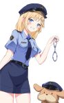  1girl bangs belt black_skirt blonde_hair blue_eyes blue_shirt blue_skirt blush breasts cuffs dog hair_ornament handcuffs hat highres hololive large_breasts looking_at_viewer mascot miniskirt necktie open_mouth orobou police police_hat police_uniform policewoman shirt short_hair simple_background skirt smile teeth uniform virtual_youtuber watson_amelia 