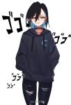  1girl absurdres black_hair blue_hair choker eyeliner hair_between_eyes hands_in_pockets highres hood hoodie keisea makeup multicolored_hair original pants short_hair simple_background solo torn_clothes torn_pants two-tone_hair white_background yellow_eyes 