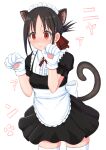  1girl 3535mb animal_ear_fluff animal_ears animal_hands apron bangs black_dress black_hair blush cat_ears cat_tail closed_mouth commentary_request cowboy_shot dress eyelashes frills gloves hair_ribbon hands_up kaguya-sama_wa_kokurasetai_~tensai-tachi_no_renai_zunousen~ neck_ribbon parted_bangs paw_gloves paw_pose paw_print red_eyes red_ribbon ribbon shinomiya_kaguya short_hair short_sleeves sidelocks solo sweat tail tareme thigh-highs waist_apron white_apron white_background white_gloves white_thighhighs 