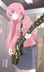  1girl blue_eyes blush bocchi_the_rock! closed_mouth commentary electric_guitar gotou_hitori grey_skirt guitar hair_ornament holding holding_instrument instrument ixy jacket long_hair long_sleeves music pink_hair pink_jacket playing_instrument skirt solo tagme track_jacket 