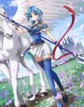  1girl armor blue_eyes blue_gloves blue_hair blue_thighhighs boots breastplate commission dress dutch_angle feathered_wings fingerless_gloves fire_emblem fire_emblem:_the_binding_blade fire_emblem_heroes gloves highres holding holding_polearm holding_weapon horse kakiko210 looking_at_viewer miniskirt pauldrons pegasus pegasus_knight_uniform_(fire_emblem) pegasus_wings polearm short_dress short_hair shoulder_armor skeb_commission skirt solo spear thea_(fire_emblem) thigh-highs thigh_boots weapon white_horse white_skirt wings 