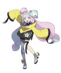  1girl absurdres blue_hair boots full_body hair_ornament highres iono_(pokemon) long_hair low_twintails multicolored_hair official_art open_mouth pink_eyes pink_hair pokemon pokemon_(game) pokemon_sv sharp_teeth single_thighhigh solo teeth thigh-highs transparent_background twintails 