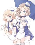  2girls alternate_costume bangs beret blonde_hair blue_eyes blue_umbrella boots cowboy_shot cropped_jacket dress gloves hat jacket janus_(kancolle) jervis_(kancolle) kantai_collection long_hair matching_outfit miko_(35nikomi) multiple_girls one_eye_closed parted_bangs racequeen short_hair simple_background thigh-highs thigh_boots two-tone_dress umbrella white_background white_dress white_gloves white_headwear white_jacket white_thighhighs 