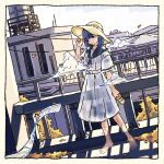  1girl autumn_leaves blue_hair building clouds ghost hat highres holding holding_clothes holding_footwear ogistation outdoors power_lines railing sandals sandals_removed scenery shadow shirt skirt solo straw_hat sun_hat transparent white_shirt white_skirt 