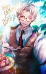  1boy :d artist_name birthday brown_vest cake collared_shirt food fruit glasses happy_birthday highres long_sleeves looking_at_viewer necktie red_necktie ruriswhite shirt short_hair smile solo strawberry tears_of_themis vest vyn_richter_(tears_of_themis) white_hair white_shirt yellow_eyes 