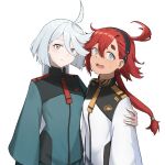  2girls absurdres ahoge aqua_eyes black_hairband fang green_jacket grey_eyes grey_hair gundam gundam_suisei_no_majo hair_between_eyes hairband highres jacket long_hair low_ponytail miorine_rembran multiple_girls necktie nyanko960121 open_mouth red_necktie redhead school_uniform side-by-side simple_background skin_fang suletta_mercury sweatdrop thick_eyebrows upper_body white_background white_jacket yellow_necktie 