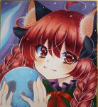  1girl :3 animal_ear_fluff animal_ears blush braid cat_ears fang fang_out hair_between_eyes highres holding holding_skull kaenbyou_rin looking_at_viewer masaki_(masarin0909) portrait red_eyes redhead skull smile solo touhou traditional_media twin_braids 