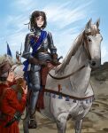  1boy 1girl 2others absurdres armor black_hair blood blood_on_clothes blue_eyes borrowed_character canteen commentary day english_commentary full_body hat highres horse horseback_riding knight medium_hair multiple_others original outdoors plate_armor red_tunic remora25 riding saddle white_horse 
