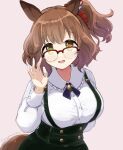  1girl adjusting_eyewear animal_ears arm_behind_back aston_machan_(umamusume) bangs blonde_hair brown_hair buttons frilled_shirt frills glasses hair_ornament hair_scrunchie hand_up high-waist_skirt highres horse_ears horse_girl horse_tail long_sleeves looking_at_viewer medium_hair open_mouth pink_background sangria_(sangria69) scrunchie semi-rimless_eyewear shirt side_ponytail simple_background skirt solo suspender_skirt suspenders tail twitter_username umamusume upper_body white_shirt 