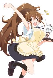  1girl :d ahoge apron black_skirt black_socks breasts bright_pupils brown_eyes brown_hair holding holding_tray ixy large_breasts long_hair looking_at_viewer parfait ponytail simple_background skirt smile socks solo taneshima_popura tray white_background white_pupils working!! 