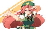  1girl beret blue_eyes braid green_headwear grin hat hat_ornament highres hong_meiling ichimura_kanata long_hair one-hour_drawing_challenge redhead short_sleeves side_braids smile solo star_(symbol) star_hat_ornament touhou twin_braids upper_body 