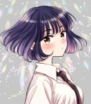  1girl bangs black_necktie blush breasts brown_eyes closed_mouth collared_shirt commentary_request expressionless grey_background looking_at_viewer medium_breasts necktie original purple_hair school_uniform shirt short_hair signature solo sugano_manami upper_body white_shirt 
