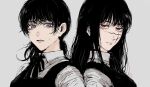  2girls bangs black_hair chainsaw_man collared_shirt dual_persona expressionless grey_eyes looking_at_viewer low_twintails medium_hair mitaka_asa multiple_girls neck_ribbon nervous parted_lips red_eyes ribbon ringed_eyes scar scar_on_cheek scar_on_face scar_on_nose school_uniform shirt simple_background sketch sweat twintails white_background white_shirt yoru_(chainsaw_man) yukke_(nama29_umai) 