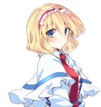  1girl alice_margatroid ascot blonde_hair blue_eyes capelet closed_mouth hairband highres ichimura_kanata lolita_hairband looking_at_viewer red_ascot red_hairband short_hair simple_background smile solo touhou upper_body white_background white_capelet 