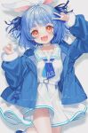  1girl :3 absurdres alternate_hairstyle animal_ears bangs bare_legs belt belt_buckle blue_hair blue_jacket blue_neckerchief blue_ribbon bob_cut buckle collar commentary drop_shadow english_commentary eyelashes feet_out_of_frame fuinagi_(huyuu_mm) fur-trimmed_jacket fur_trim hair_ribbon highres hololive jacket long_sleeves looking_at_viewer neckerchief open_mouth rabbit_ears red_eyes ribbon shirt short_hair simple_background skirt smile solo thick_eyebrows two_side_up usada_pekora v virtual_youtuber white_background white_belt white_collar white_shirt white_skirt 