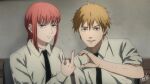  1boy 1girl bangs black_necktie blonde_hair blurry blurry_background braid chainsaw_man denji_(chainsaw_man) formal hand_up heart heart_hands heart_hands_failure highres indoors laillnii looking_at_viewer makima_(chainsaw_man) middle_finger necktie redhead sharp_teeth shirt short_hair sidelocks signature sleeves_rolled_up smile teeth white_shirt yellow_eyes 