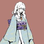  1boy androgynous behelit berserk blue_kimono facing_viewer griffith_(berserk) japanese_clothes kimono long_hair long_sleeves looking_at_viewer makeup male_focus ponytail red_background senkuro side_ponytail solo solo_focus white_hair 