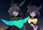  2girls absurdres animal_costume bird_girl bird_wings black_dress black_eyes black_hair blue_eyes closed_mouth dress hat highres kanmoku-san kemono_friends looking_at_viewer multiple_girls night open_mouth ribbon short_hair sky star_(sky) starry_sky superb_bird-of-paradise_(kemono_friends) western_parotia_(kemono_friends) wings 