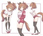  1girl absurdres animal_ears aston_machan_(umamusume) bent_over black_thighhighs blush breasts brown_hair buruma closed_mouth commentary_request crown gym_shirt gym_uniform hair_between_eyes highres horse_ears horse_girl horse_tail jacket large_breasts mini_crown multiple_views parted_lips red_buruma red_jacket shirt short_hair simple_background sincos smile standing tail thigh-highs thighs tracen_training_uniform track_jacket umamusume white_background yellow_eyes 