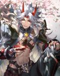  1boy abs arataki_itto belt blurry bracelet cherry_blossoms collar darkavey depth_of_field fang genshin_impact highres horns jewelry oni_horns pointy_ears red_eyeliner red_eyes spiked_bracelet spiked_collar spikes tattoo vision_(genshin_impact) white_hair 