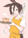  1girl animal_ears apron bangs black_shorts bowl brown_eyes brown_hair food hair_over_one_eye holding holding_tray horse_ears horse_girl long_hair maru_(hachi_47923) open_mouth pink_background ponytail shirt short_sleeves shorts simple_background solo spoon tray umamusume vodka_(umamusume) white_shirt yellow_apron 