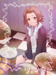  1girl blush brown_eyes brown_hair commission drum drum_set grey_skirt grin hairband highres indoors instrument k-on! looking_at_viewer parted_lips pleated_skirt short_hair sitting skeb_commission skirt smile solo sweat tainaka_ritsu teeth twitter_username unyon 