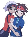  2boys beanie black_pants blue_jacket bodysuit bodysuit_under_clothes brendan_(pokemon) bright_pupils brown_eyes brown_hair closed_mouth grey_eyes grey_headwear hat highres jacket male_focus multiple_boys nate_(pokemon) open_mouth pants pokemon pokemon_(game) pokemon_bw2 pokemon_oras red_headwear red_shirt sana_(37pisana) shirt short_hair short_sleeves smile tight tight_shirt visor_cap white_background white_pupils zipper_pull_tab 