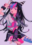  1girl arm_up arm_warmers asymmetrical_legwear bangs black_hair black_nails black_scrunchie black_skirt blue_hair blue_thighhighs commentary danganronpa_(series) danganronpa_2:_goodbye_despair ear_piercing fangs foot_out_of_frame hair_horns hand_on_ground highres jewelry long_hair looking_at_viewer menma_(enaic31) mioda_ibuki mismatched_legwear mouth_piercing multicolored_hair multiple_rings neckerchief open_mouth piercing pink_eyes pink_hair pink_neckerchief pink_thighhighs ring sailor_collar school_uniform scrunchie shirt single_arm_warmer sitting skirt solo t-shirt teeth thigh-highs torn_thighhighs twitter_username w white_shirt yokozuwari 