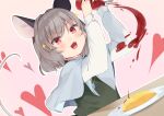  1girl animal_ears ari_don bangs blue_capelet capelet commentary_request crystal dress food grey_dress grey_hair holding jewelry ketchup long_sleeves mouse_ears mouse_girl mouse_tail nazrin necklace open_mouth red_eyes shirt short_hair solo sparkle tail touhou white_shirt 