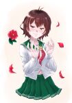  1girl antenna_hair brown_hair gradient_hair green_sailor_collar green_skirt highres kantai_collection kusada_souta_(person) ld_(luna_dial398) long_sleeves multicolored_hair mutsuki_(kancolle) mutsuki_kai_ni_(kancolle) neckerchief petals pleated_skirt red_neckerchief redhead sailor_collar school_uniform serafuku short_hair skirt solo tears 