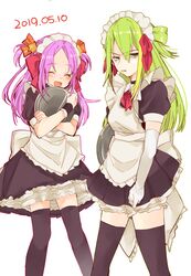  2girls alina_gray alternate_costume apron aqua_eyes bangs blunt_ends blush dress frills green_hair hair_between_eyes hair_ornament hair_rings highres keita_wiz long_hair magia_record:_mahou_shoujo_madoka_magica_gaiden mahou_shoujo_madoka_magica maid maid_apron maid_headdress medium_hair misono_karin multicolored_hair multiple_girls parted_bangs parted_hair puffy_sleeves purple_hair ribbon short_sleeves sidelocks smile star_(symbol) straight_hair streaked_hair thigh-highs two_side_up very_long_hair 