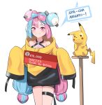  1girl absurdres bangs black_shorts blue_hair blush character_hair_ornament commentary grin hair_ornament highres iono_(pokemon) jacket long_hair looking_at_viewer pikachu pink_eyes pink_hair pokemon pokemon_(creature) pokemon_(game) pokemon_sv shift_(shiftillust) shirt shorts sign sleeveless sleeveless_shirt sleeves_past_fingers sleeves_past_wrists smile speech_bubble teeth thigh_strap twintails white_background yellow_jacket 
