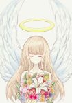  1girl angel_wings bare_shoulders bouquet brown_hair closed_eyes collarbone facing_viewer halo highres long_hair omochi_noa original simple_background solo upper_body white_background white_wings wings 