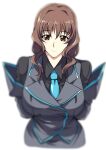  1girl absurdres bangs black_shirt blue_necktie breasts brown_eyes brown_hair collared_shirt grey_jacket grey_skirt haganef head_tilt highres jacket jinguuji_marimo large_breasts leaning_forward long_hair looking_at_viewer military military_uniform muvluv muvluv_alternative necktie shirt sidelocks skirt smile solo straight-on uniform white_background 