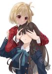  1girl 2girls absurdres bangs blonde_hair brown_hair coat covering_eyes eyebrows_hidden_by_hair from_behind highres hug hug_from_behind inoue_takina long_hair lycoris_recoil multiple_girls nishikigi_chisato open_mouth red_eyes ribbon sama_1421598740 school_uniform shirt short_hair simple_background skirt smile uniform white_background yuri 