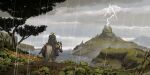  1boy absurdres brown_gloves cape fantasy fog geralt_of_rivia gloves grass green_cape grey_sky highres horse lightning lorenzo_lanfranconi outdoors path plant rain the_witcher_(series) tree water white_hair 