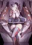  1girl black_necktie black_shorts blonde_hair boushi-ya breasts cannon crossed_legs grey_jacket jacket kantai_collection large_breasts long_hair massachusetts_(kancolle) mast military military_uniform multicolored_hair necktie polearm red_eyes redhead shorts sitting solo streaked_hair thigh-highs turret uniform weapon 