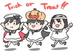  3girls arms_up bandaged_head bandages bat_hair_ornament black_cape black_hair cape chibi commentary_request daitou_(kancolle) dress fang grey_sailor_collar hair_ornament halloween_costume hat hiburi_(kancolle) highres jack-o&#039;-lantern kantai_collection ken_(shutenndouji1) low_ponytail multiple_girls sailor_collar sailor_dress sailor_hat short_hair shounan_(kancolle) simple_background solid_oval_eyes twintails walking white_background white_dress white_headwear 