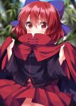  1girl black_shirt blue_bow blush bow cape cloak closed_mouth cowboy_shot hair_bow happy high_collar highres long_sleeves miniskirt one-hour_drawing_challenge pleated_skirt red_cape red_cloak red_eyes red_skirt redhead ruu_(tksymkw) sekibanki shirt short_hair skirt smile solo touhou 