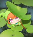  1girl absurdres animal_costume appleblossomtea chibi colored_inner_hair frog_costume green_hair highres hololive hololive_english lily_pad multicolored_hair orange_hair solo takanashi_kiara two-tone_hair violet_eyes virtual_youtuber 