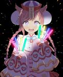  1girl agnes_digital_(lovely_jiangshi)_(umamusume) agnes_digital_(umamusume) animal_ears bangs blue_eyes blush braid bun_cover double_bun dress glowstick hair_bun hands_up hat heart heart-shaped_pupils highres holding_glowstick horse_ears long_hair looking_at_viewer low_twin_braids ofuda open_mouth pink_dress pink_hair sangria_(sangria69) sleeves_past_fingers sleeves_past_wrists smile solo symbol-shaped_pupils twin_braids umamusume upper_body 